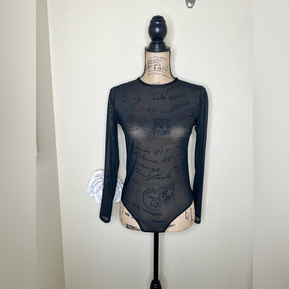 Auden Tops - NTM: Auden Black Sheer Long Sleeve Thong Back Pullover Style Bodysuit Sz Medium